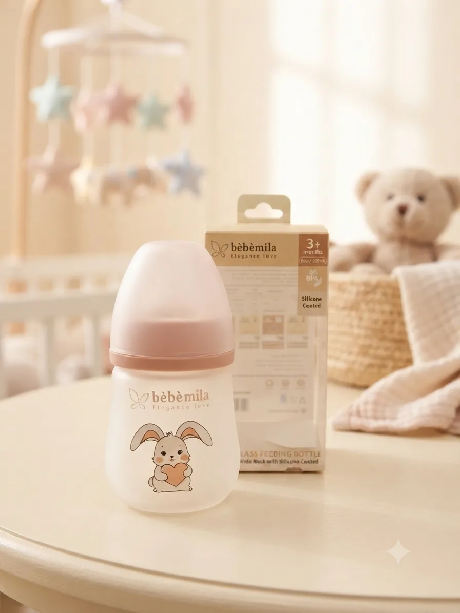 Bébé Mila Anti-Break Glass Baby Feeding Bottle No. 6 – Full Silicone Coated, Wide Neck (150 ml)