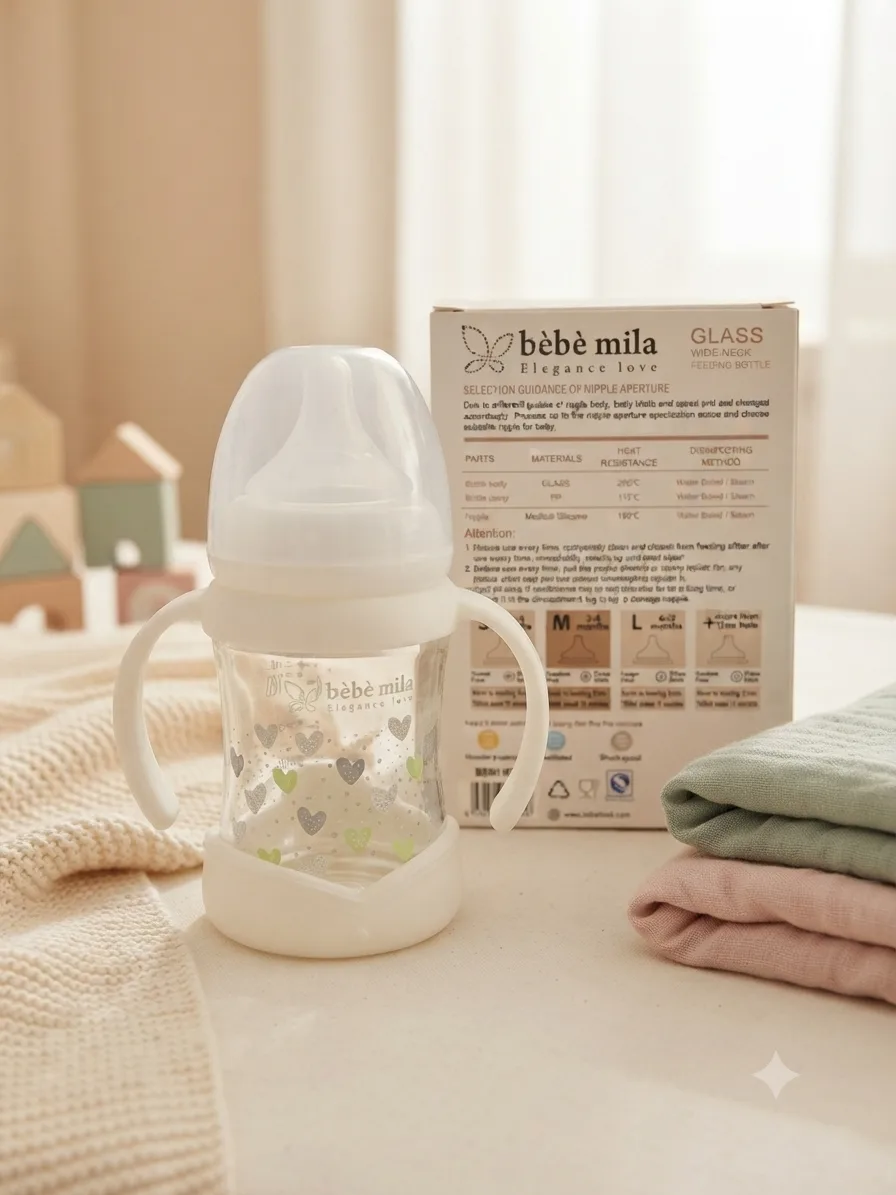 Bébé Mila Anti-Break Glass Baby Feeding Bottle No. 5 – Silicone Base, Dual Handles, Wide Neck (150 ml)