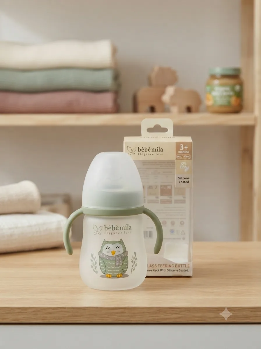 رضاعة زجاجية Bébé Mila مضادة للكسر رقم 6 – مغلفة بالكامل بالسيليكون (Silicone Coated)، واسعة الرقبة (150 مل)