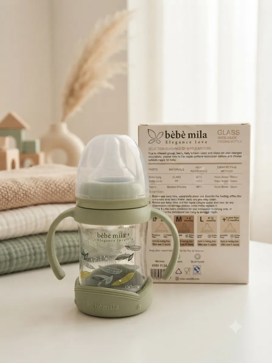 شوشەی شیری شیشەیی دژەشکان Bébé Mila ڕەقەمی ٥ – ژێری سیلیکۆن، دەستگرتنی دوولا(150ml)