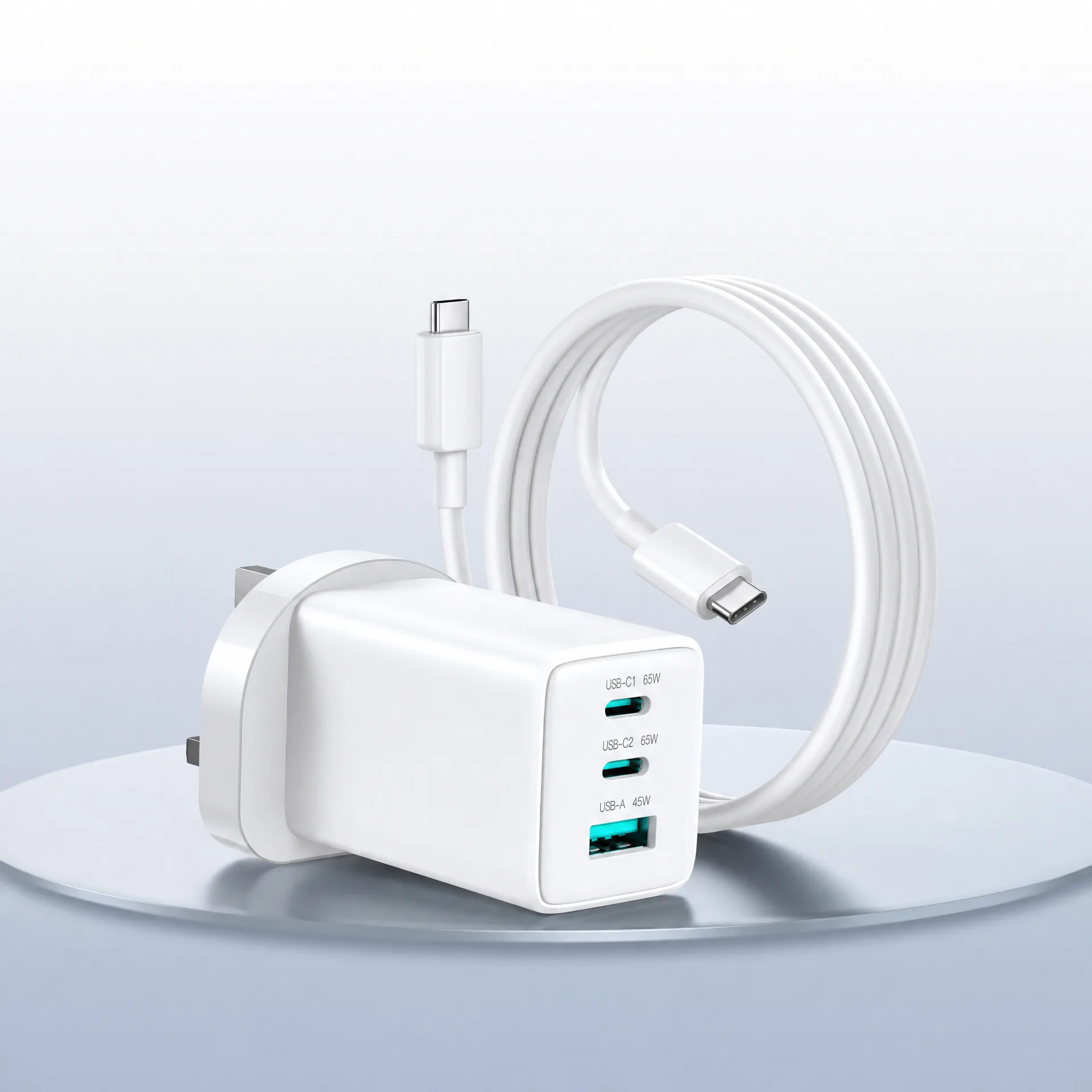 JOYROOM JR-TG10 65W GaN Dual Type-C, USB 3-Port Charger with Type-C to Type-C Cable, Plug:UK Plug(White)