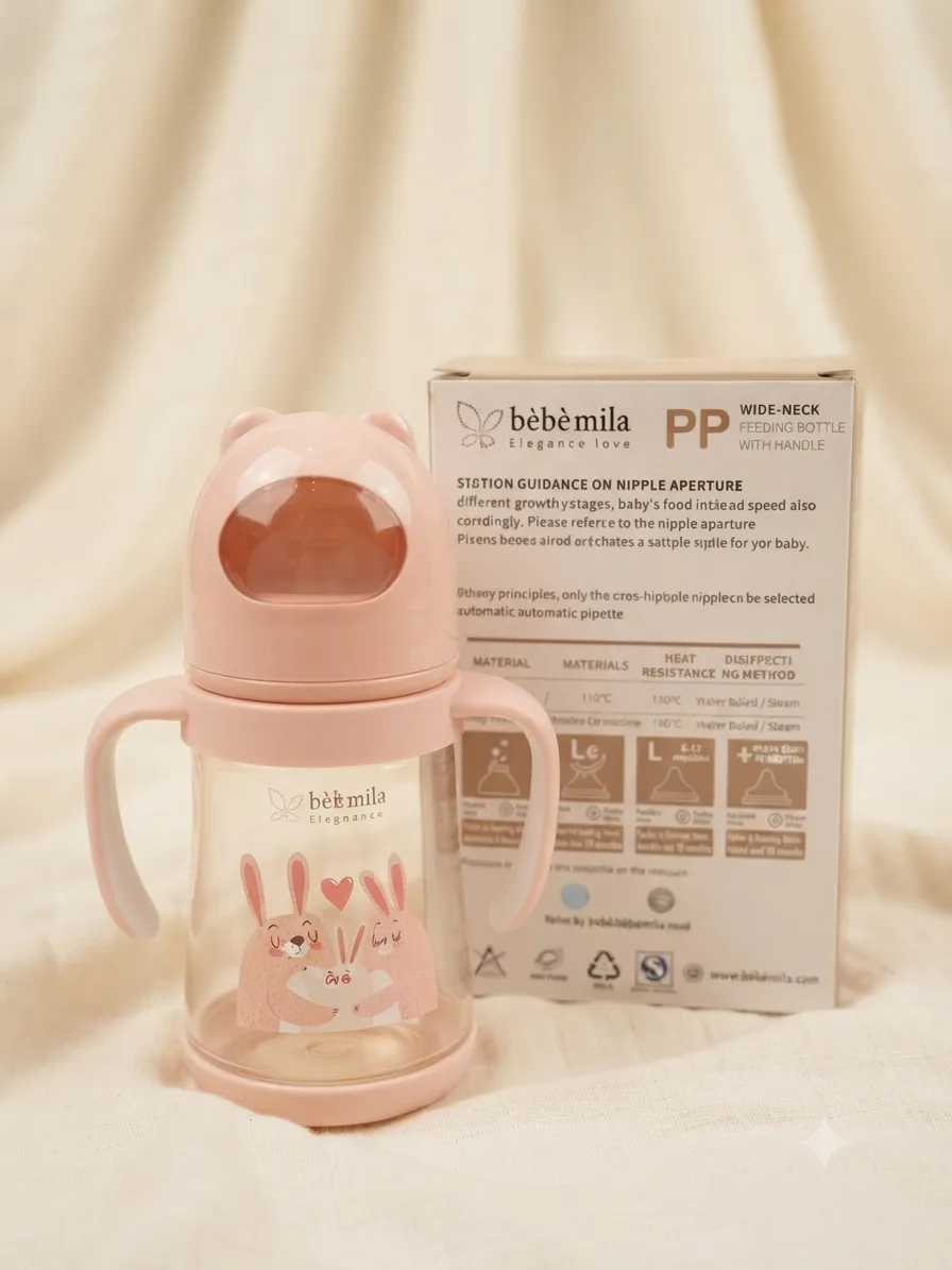 مەمەی شیری Bebe Mila پلاستیکی 330ml (11oz) دژە شکان لەگەڵ دەستگرت – +6 مانگ
