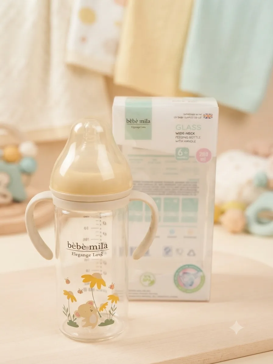 Bebe Mila Glass Baby Feeding Bottle 270ml (9oz) with Handles – 6+ Months
