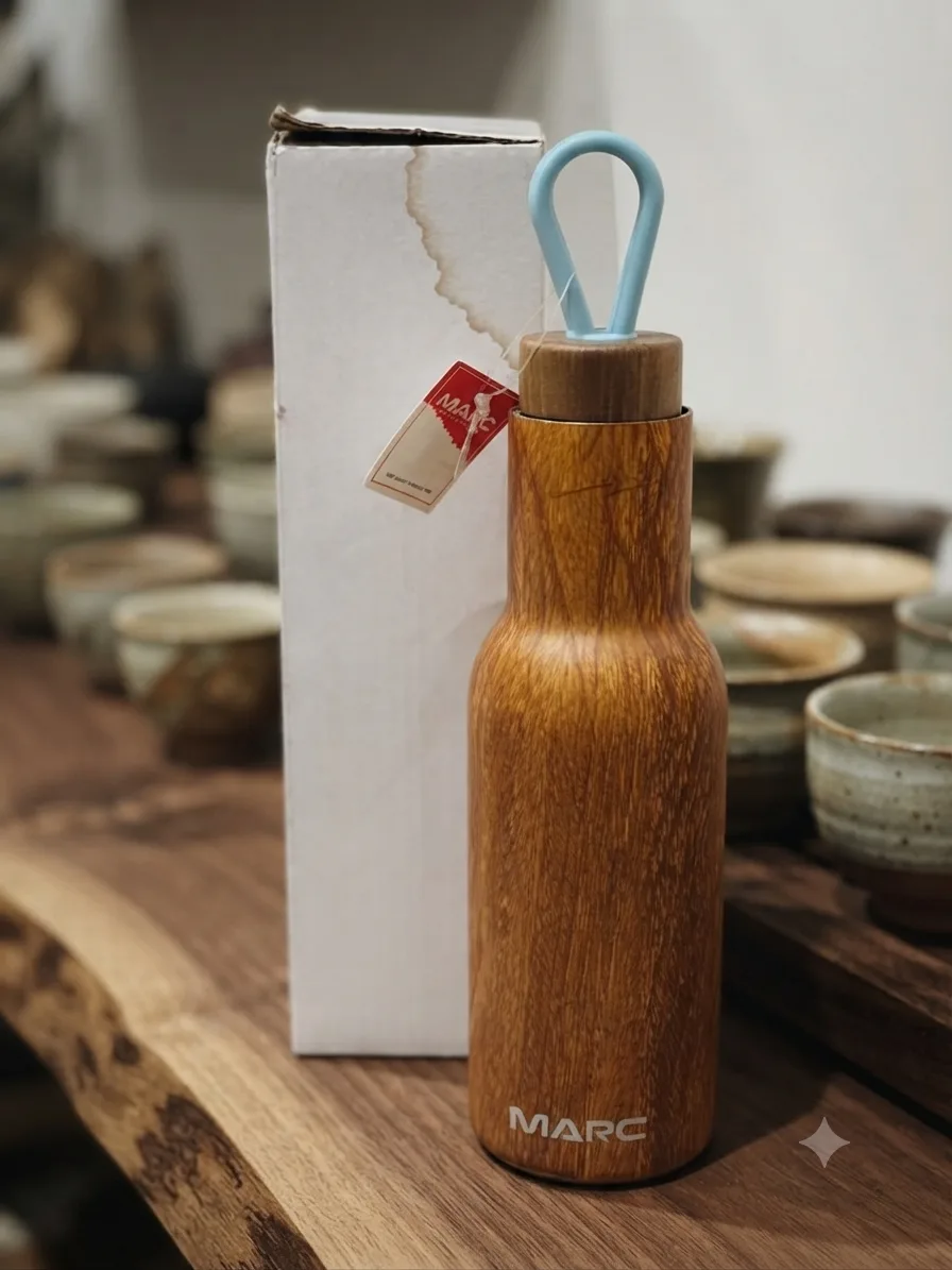 Stainless Steel Water Bottle with Wood Grain Design 