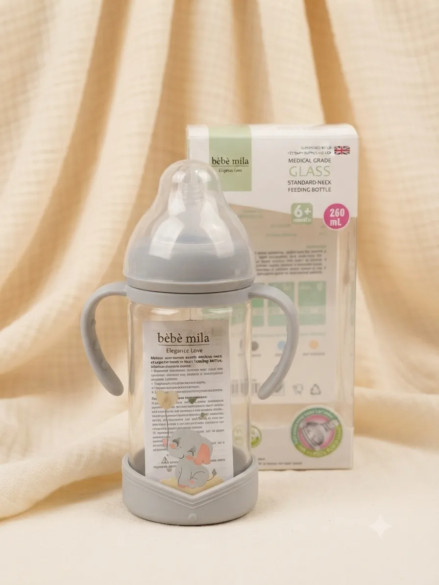 مەمەیشیری شوشەیی Bebe Mila 270ml (9oz) لەگەڵ دەستگرت و خوارەوەی سیلیکۆنی – +6 مانگ