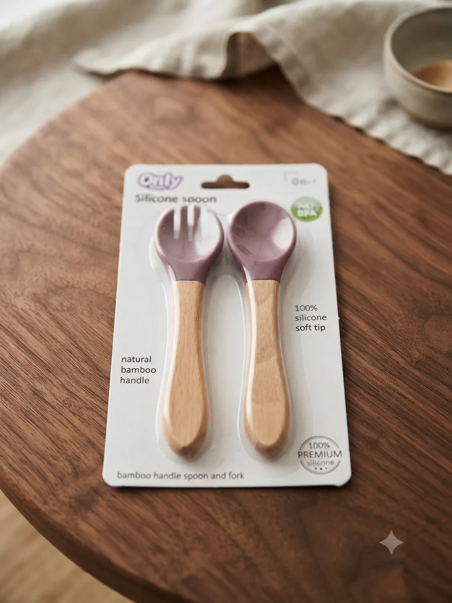     Baby Silicone Spoon and Fork Set with Bamboo Handle only