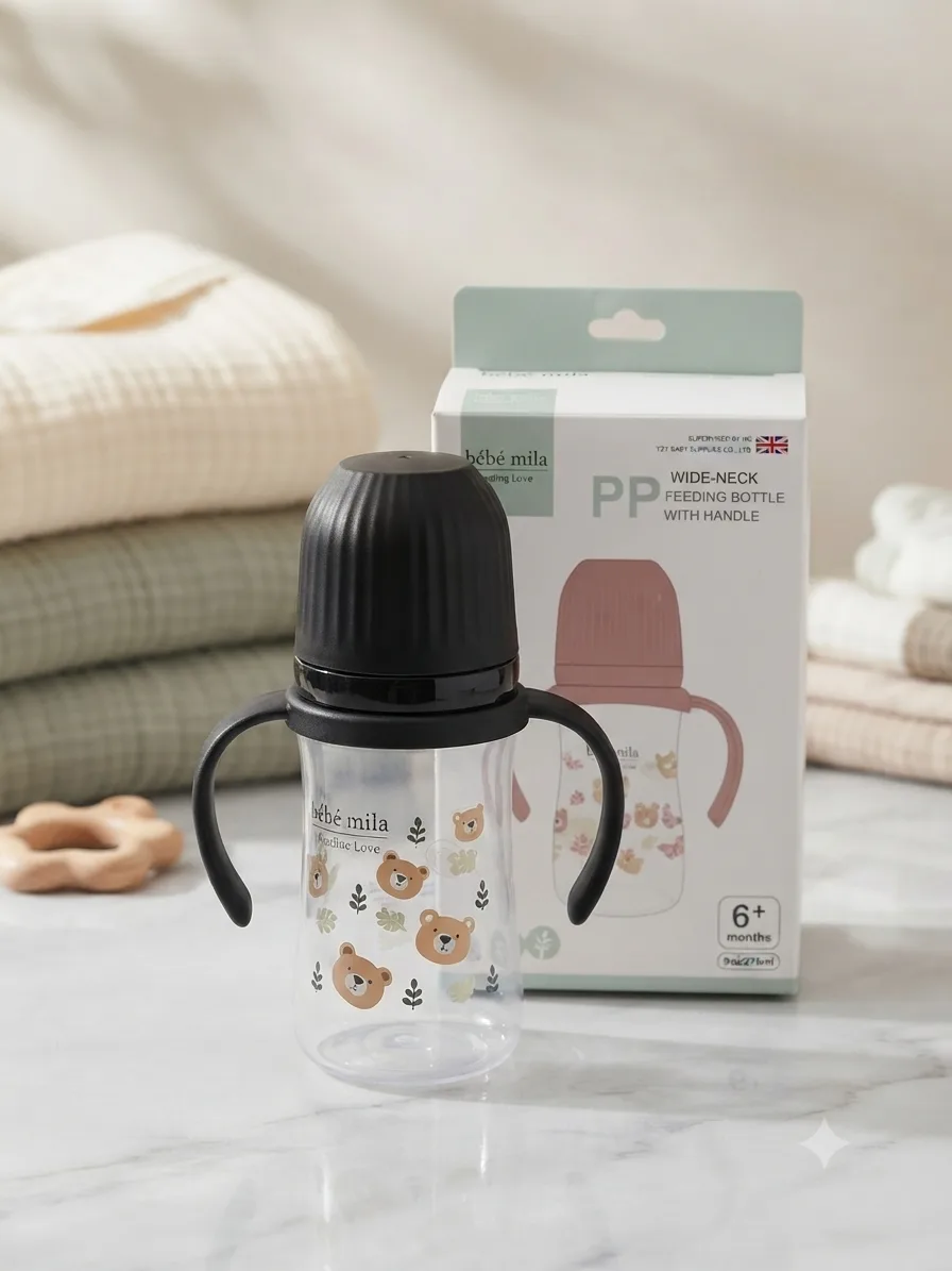 شوشەی شیری Bebe Mila پلاستیکی 270ml (9oz) دژە شکان لەگەڵ دەستگرت – +6 مانگ