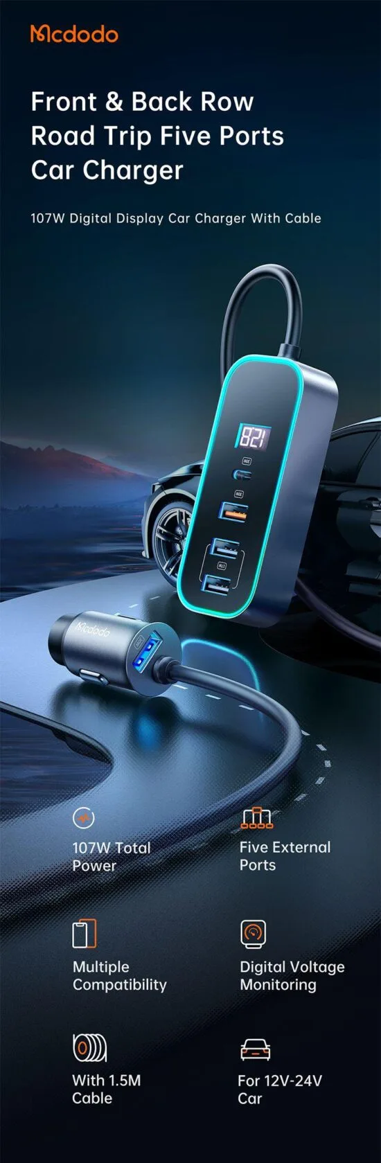 MCDODO 107W بارگاوی ئۆتۆمبێل لەگەڵ PD + 4 دەروازەی USB، بارگاویکردنی خێرا، و پیشاندەری LED