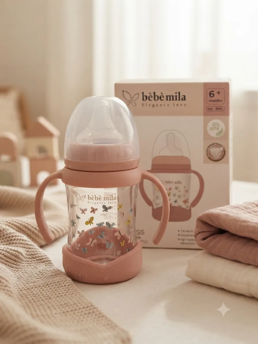 Bébé Mila Anti-Break Glass Baby Feeding Bottle No. 5 – Silicone Base, Dual Handles, Wide Neck (150 ml)