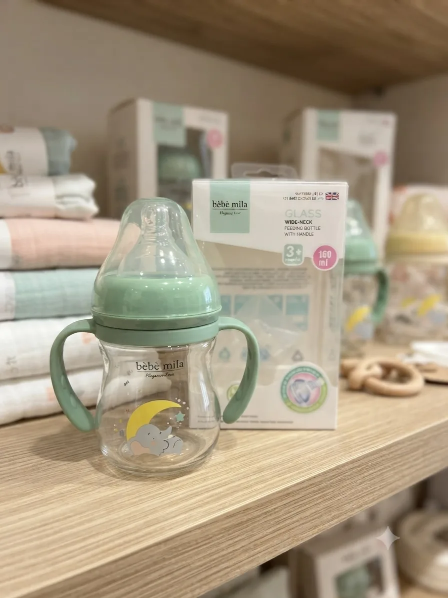 مەمەی شیری شیشەیی Bebe Mila 160ml (5oz) لەگەڵ دەستگرت – +3 مانگ 
