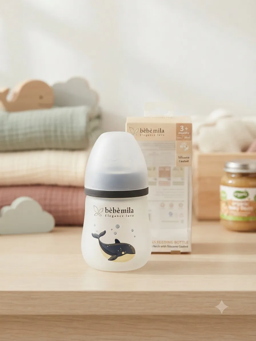 رضاعة زجاجية Bébé Mila مضادة للكسر رقم 6 – مغلفة بالكامل بالسيليكون (Silicone Coated)، واسعة الرقبة (150 مل)