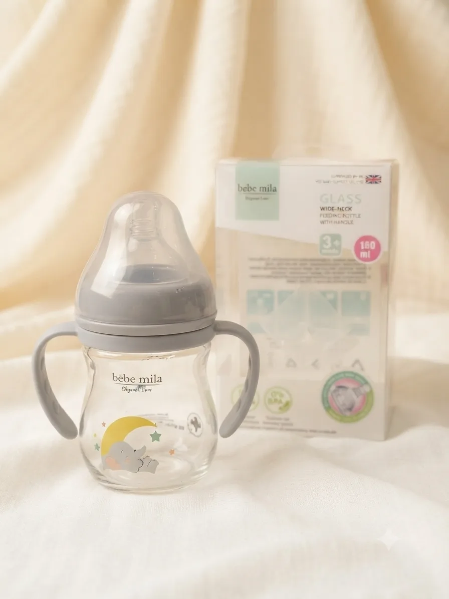 مەمەی شیری شیشەیی Bebe Mila 160ml (5oz) لەگەڵ دەستگرت – +3 مانگ 