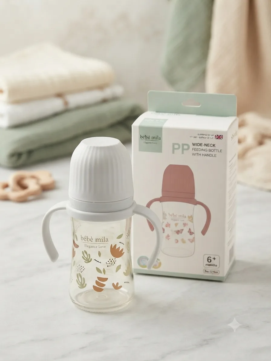 Bebe Mila PP Baby Feeding Bottle 270ml (9oz), Shatter-Resistant with Handles – 6+ Months