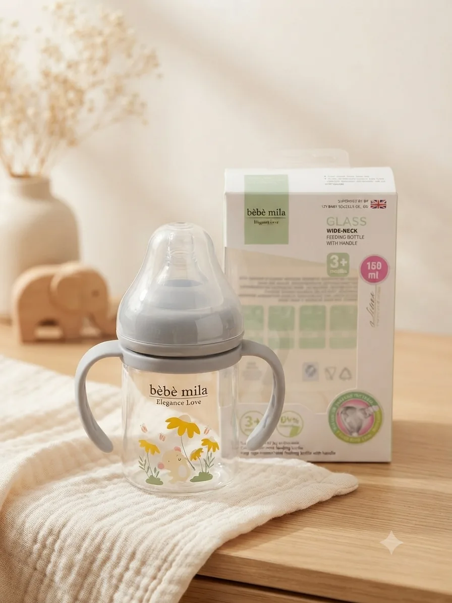 مەمەی شیری شیشەیی Bebe Mila 150ml (5oz) لەگەڵ دەستگرت – +3 مانگ