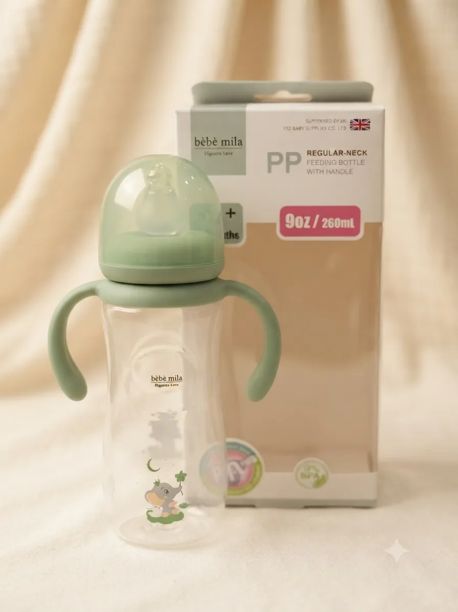 مەمەی شیری Bebe Mila پلاستیکی 260ml (9oz) دژە شکان لەگەڵ دەستگرت – +3 مانگ