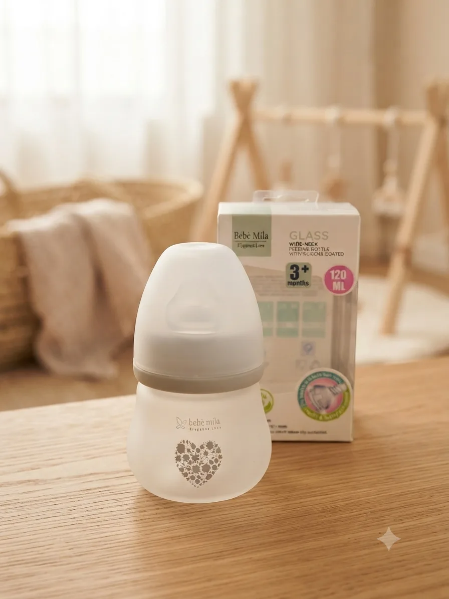 رضاعة زجاجية Bébé Mila مضادة للكسر رقم 4 – مغلفة بالكامل بالسيليكون (Silicone Coated)، واسعة الرقبة (120 مل)