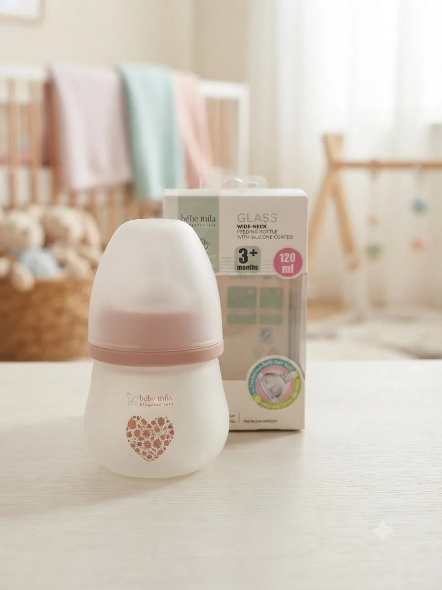 مەمەی شیری شیشەیی دژەشکان Bébé Mila ڕەقەمی ٤ – تەواو سیلیکۆن (Silicone Coated)، Wide Neck (١٢٠ مل)
