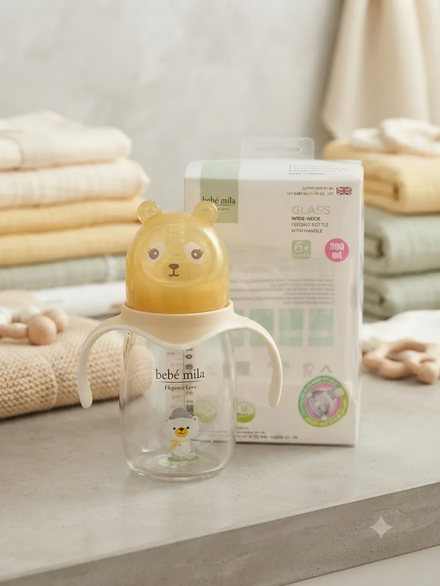   مەمەی شیری شیشەیی Bebe Mila 300ml (10oz) لەگەڵ دەستگرت – +6 مانگ