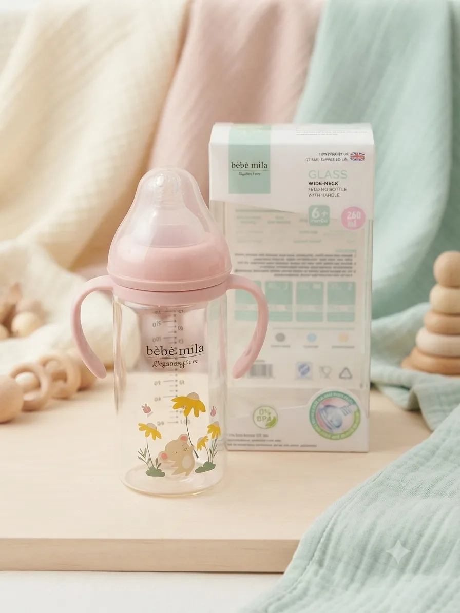 مەمەی شیری شوشەیی Bebe Mila 270ml (9oz) لەگەڵ دەستگرت – +6 مانگ