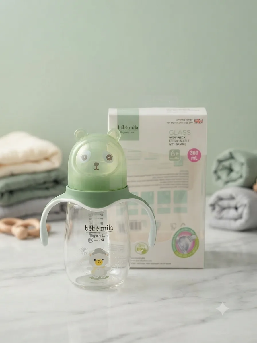 Bebe Mila Glass Baby Feeding Bottle 300ml (10oz) with Handles – 6+ Months