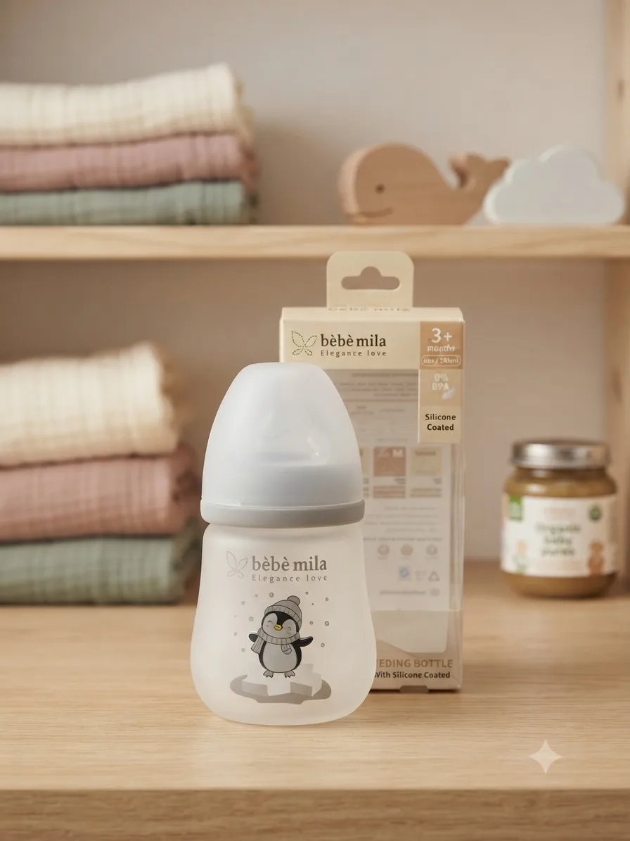 رضاعة زجاجية Bébé Mila مضادة للكسر رقم 6 – مغلفة بالكامل بالسيليكون (Silicone Coated)، واسعة الرقبة (150 مل)