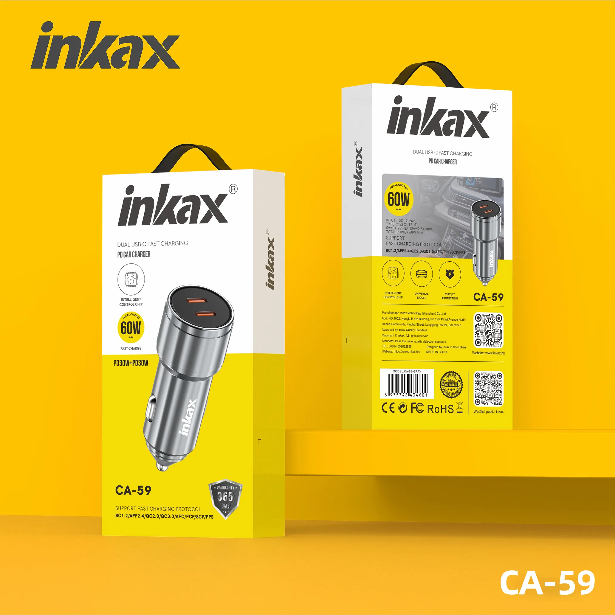 Inkax CA-59 Car Charger – 60W Fast Charger QC3.0 with Two Type-C Ports