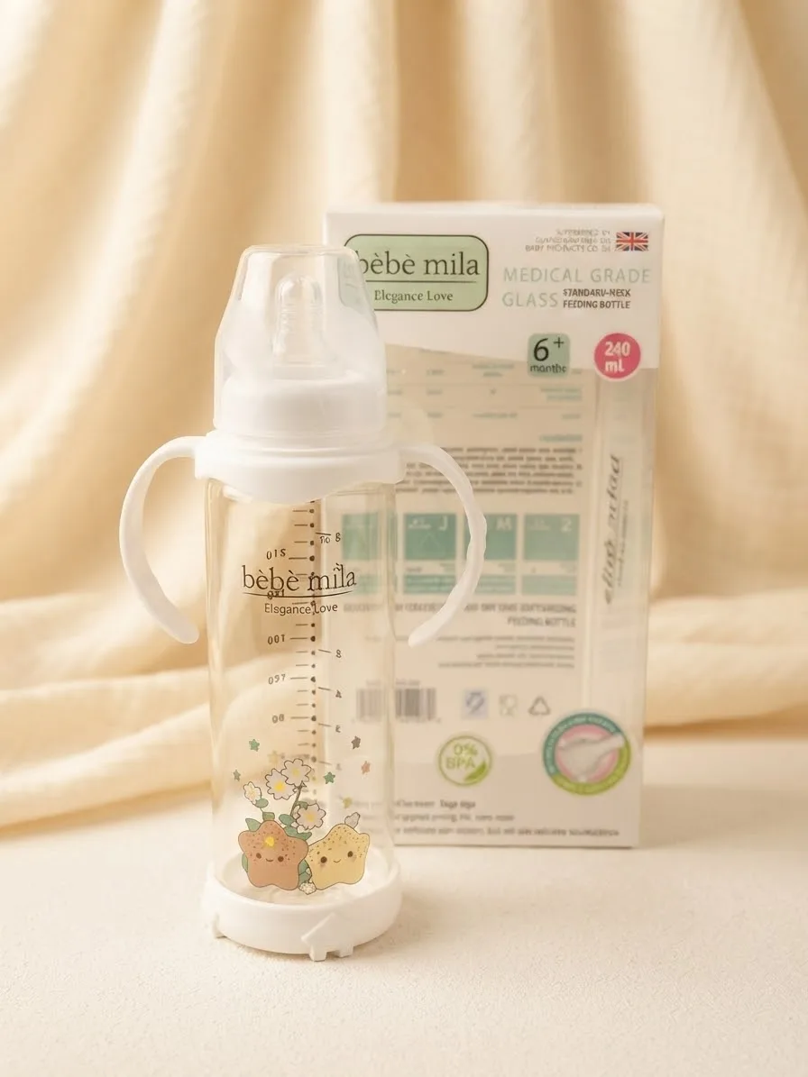 مەمەی شیری شیشەیی Bebe Mila 240ml (8oz) لەگەڵ دەستگرت و خوارەوەی سیلیکۆنی – +6 مانگ