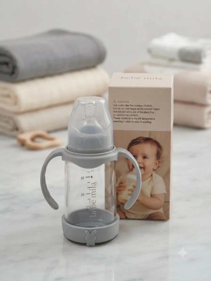 شوشەی شیری شیشەیی Bebe Mila 120ml (4oz) لەگەڵ دەستگرت و خوارەوەی سیلیکۆنی – +0 مانگ