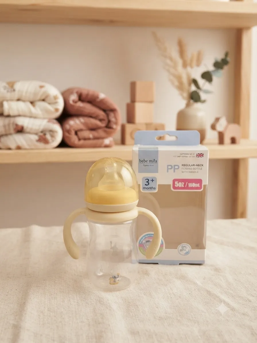 مەمەی شیری Bebe Mila پلاستیکی 150ml (5oz) دژە شکان لەگەڵ دەستگرت – +3 مانگ