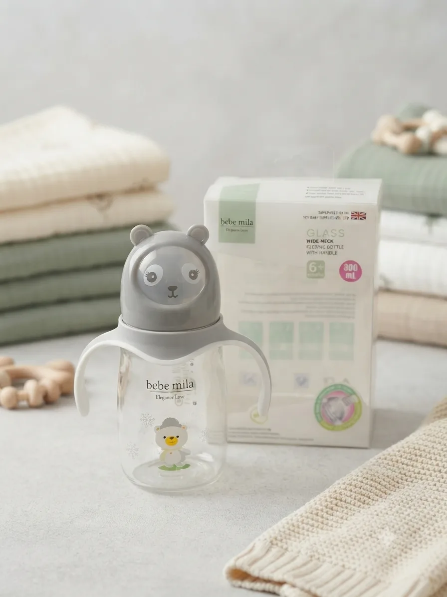 Bebe Mila Glass Baby Feeding Bottle 300ml (10oz) with Handles – 6+ Months