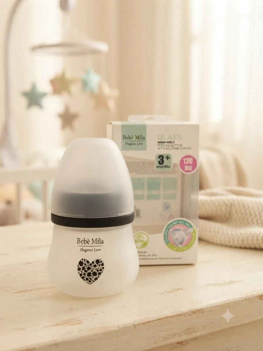 مەمەی شیری شیشەیی دژەشکان Bébé Mila ڕەقەمی ٤ – تەواو سیلیکۆن (Silicone Coated)، Wide Neck (١٢٠ مل)