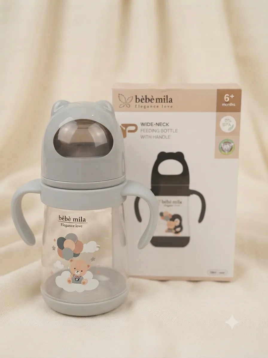 مەمەی شیری Bebe Mila پلاستیکی 330ml (11oz) دژە شکان لەگەڵ دەستگرت – +6 مانگ
