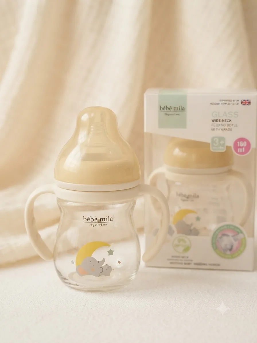 مەمەی شیری شیشەیی Bebe Mila 160ml (5oz) لەگەڵ دەستگرت – +3 مانگ 
