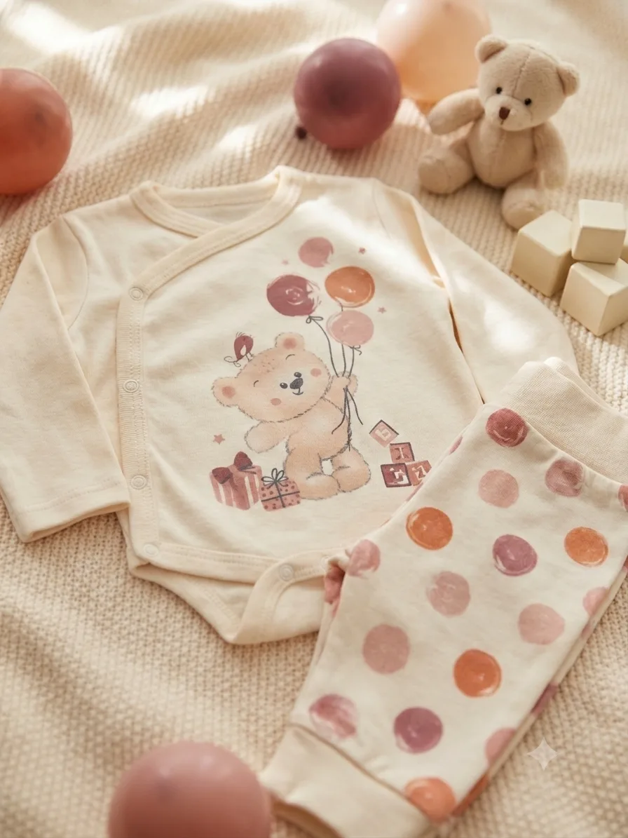 2-Piece Baby Set (0–3 Months) – Bear with Balloons Design