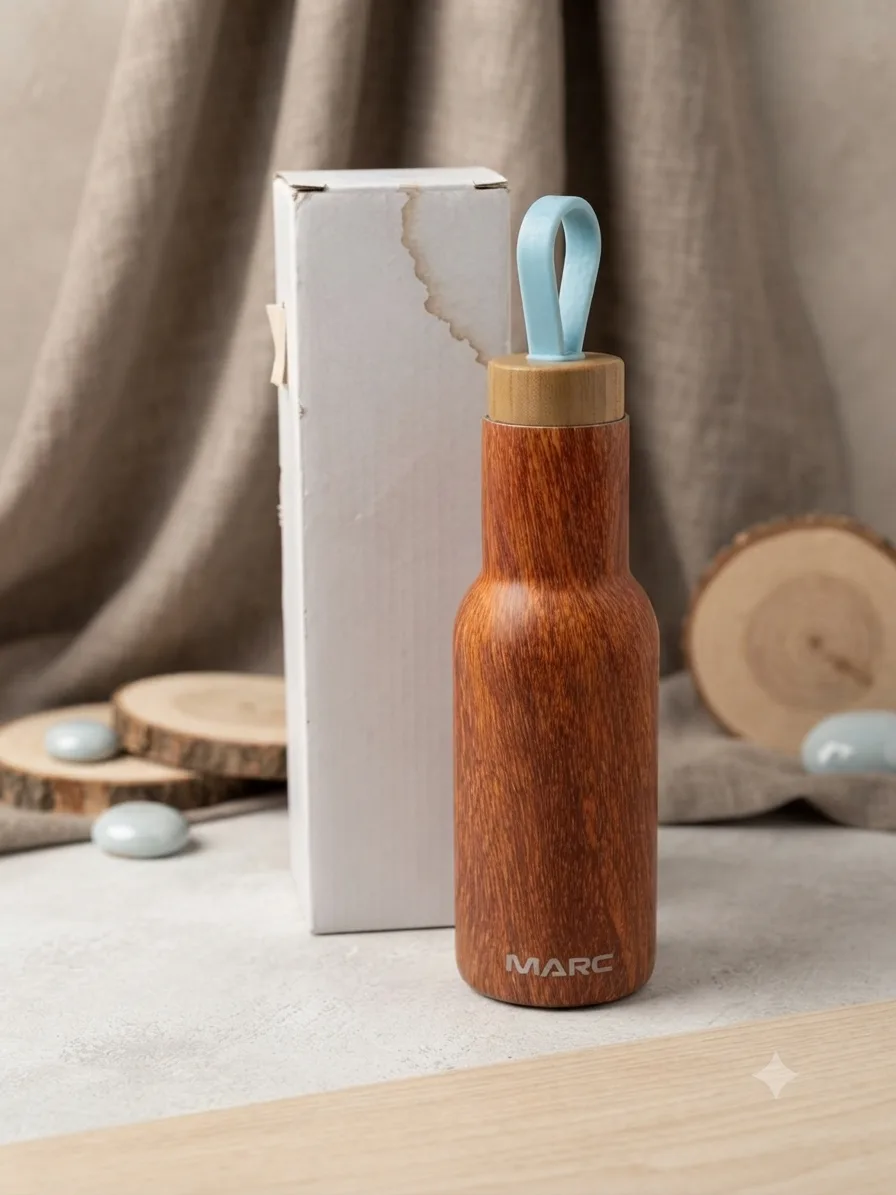 Stainless Steel Water Bottle with Wood Grain Design 