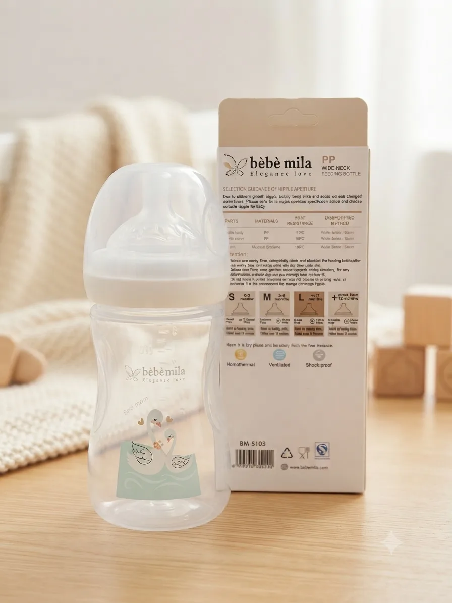 رضاعة Bébé Mila البلاستيكية المضادة للكسر رقم 9 – واسعة الرقبة (Wide Neck) سعة 240 مل