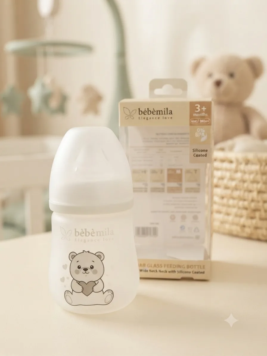 رضاعة زجاجية Bébé Mila مضادة للكسر رقم 6 – مغلفة بالكامل بالسيليكون (Silicone Coated)، واسعة الرقبة (150 مل)