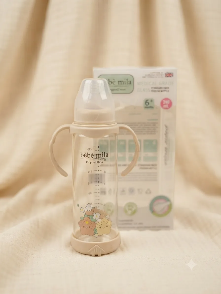 مەمەی شیری شیشەیی Bebe Mila 240ml (8oz) لەگەڵ دەستگرت و خوارەوەی سیلیکۆنی – +6 مانگ