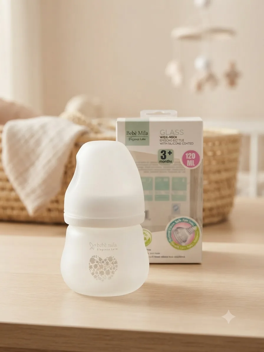 مەمەی شیری شیشەیی دژەشکان Bébé Mila ڕەقەمی ٤ – تەواو سیلیکۆن (Silicone Coated)، Wide Neck (١٢٠ مل)