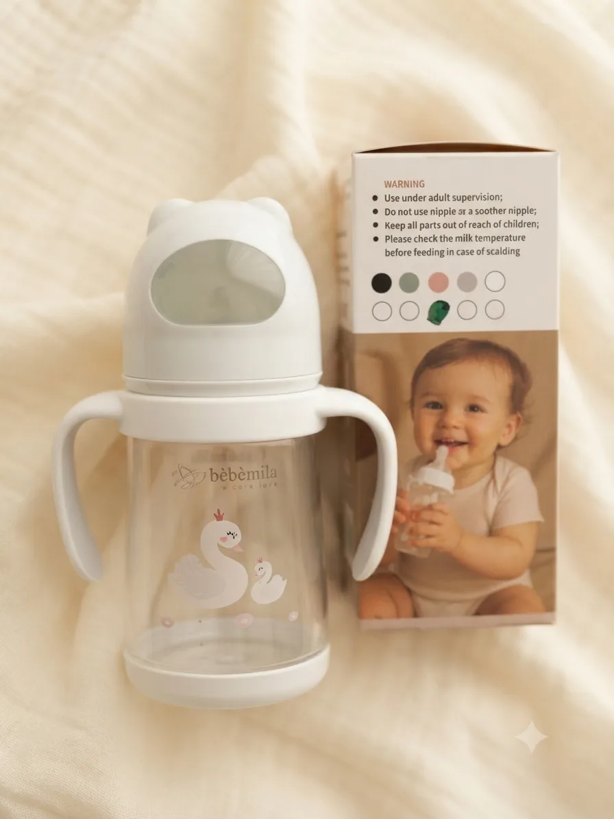 مەمەی شیری Bebe Mila پلاستیکی 330ml (11oz) دژە شکان لەگەڵ دەستگرت – +6 مانگ