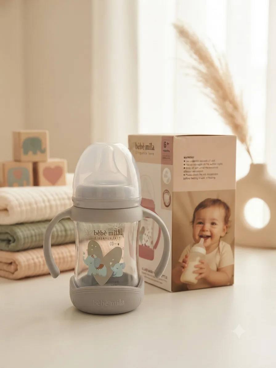 Bébé Mila Anti-Break Glass Baby Feeding Bottle No. 5 – Silicone Base, Dual Handles, Wide Neck (150 ml)