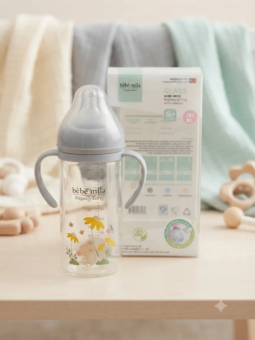 Bebe Mila Glass Baby Feeding Bottle 270ml (9oz) with Handles – 6+ Months