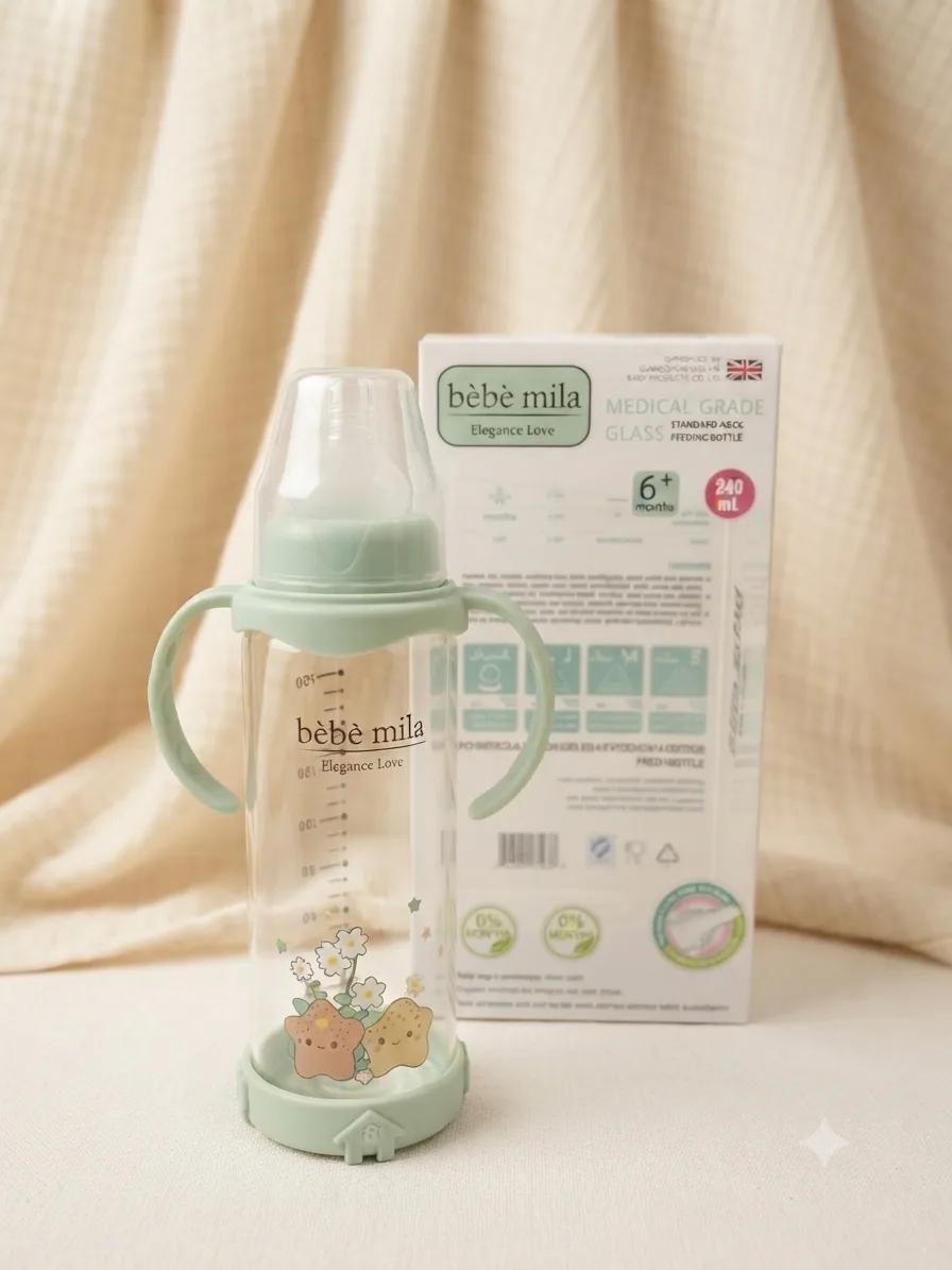مەمەی شیری شیشەیی Bebe Mila 240ml (8oz) لەگەڵ دەستگرت و خوارەوەی سیلیکۆنی – +6 مانگ