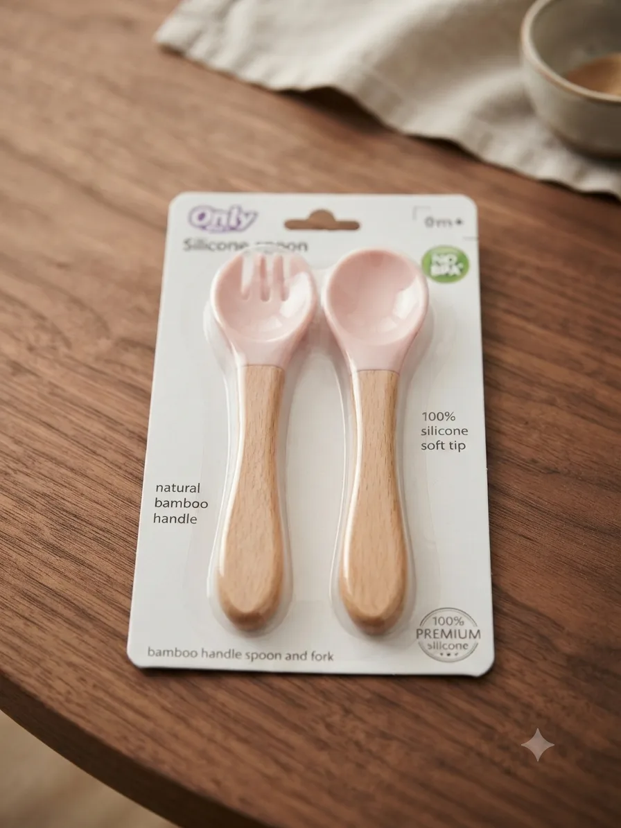     Baby Silicone Spoon and Fork Set with Bamboo Handle only