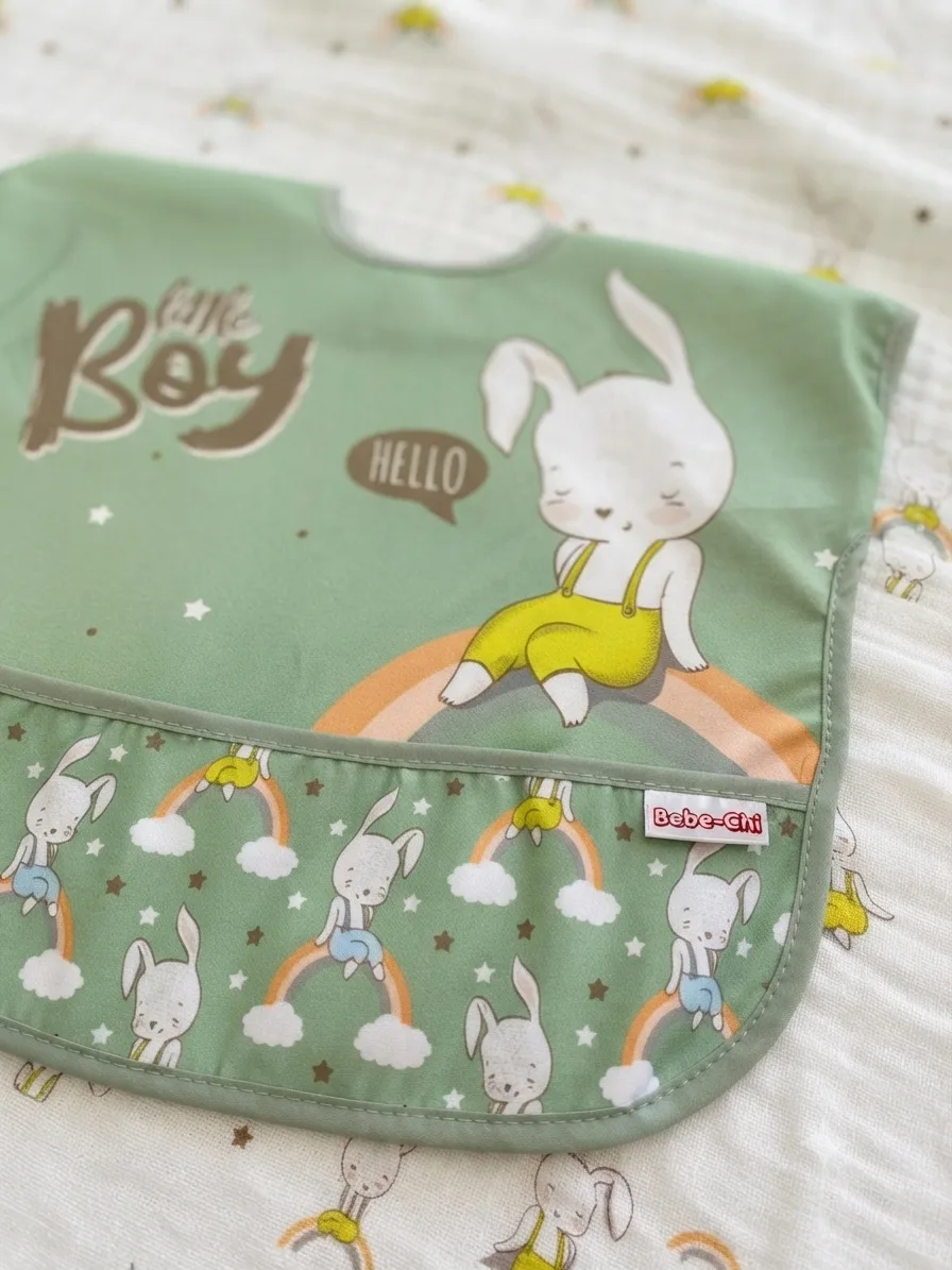 Long Waterproof Baby Bib with Food Catcher Pocket 